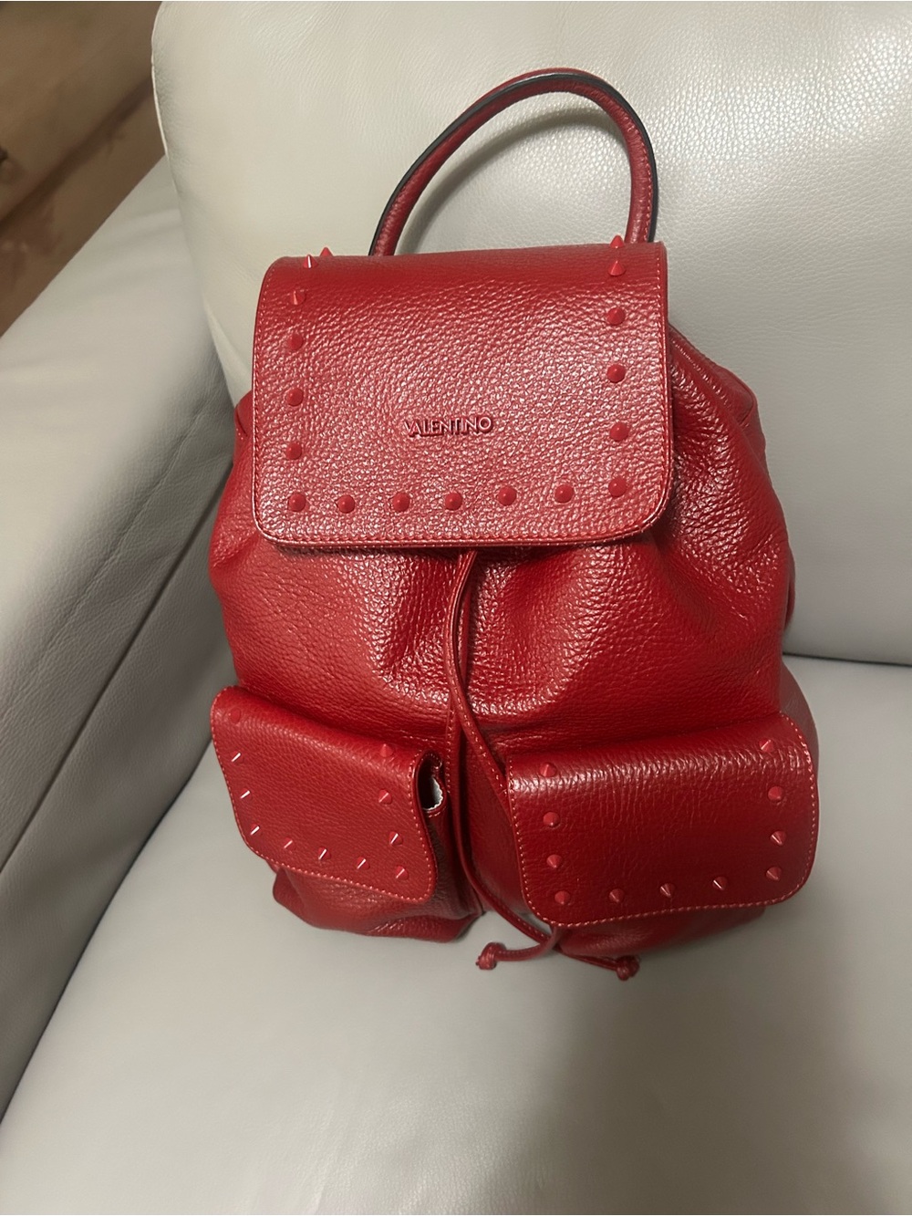 Valentino Red Pebbled Leather Studded Backpack